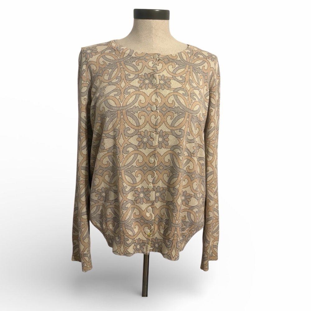 Talbots Silver Gold Metallic Scroll Floral Button Front Cardigan Sweater SZ 1XP